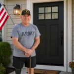 Disabled veteran standing in front of a newly installed front door showing improved home safety and reduced door replacement cost
