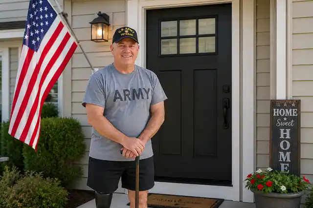 Disabled veteran standing in front of a newly installed front door showing improved home safety and reduced door replacement cost