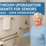 Bathroom Upgradation Grants For Seniors-senior woman stands beside a walk-in shower with grab bars in a newly renovated, accessible bathroom