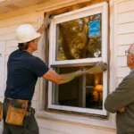Contractor installing energy-efficient windows for a senior homeowner through window replacement grants program