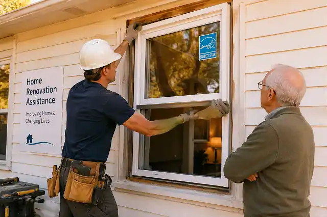 Contractor installing energy-efficient windows for a senior homeowner through window replacement grants program
