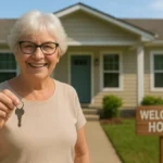 Smiling senior woman holding house keys in front of her cozy, affordable new home on a sunny day.