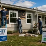 Workers repairing wall damage and installing energy-efficient windows on a suburban home using HUD home improvement grant assistance in 2026.
