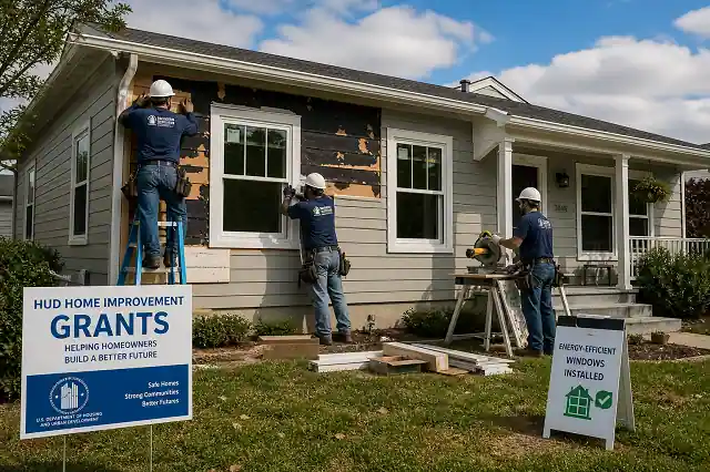Workers repairing wall damage and installing energy-efficient windows on a suburban home using HUD home improvement grant assistance in 2026.