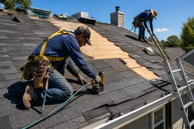 Close-up of professional roof replacement workers repairing a house roof and installing new shingles with safety gear and tools