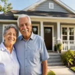home improvement grants- Smiling elderly couple standing in front of their newly repaired home with fresh paint and safe environment