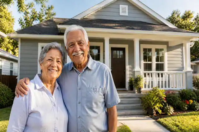 home improvement grants- Smiling elderly couple standing in front of their newly repaired home with fresh paint and safe environment