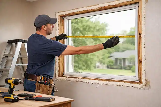 contractor measuring residential window frame before window replacement