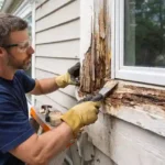 Licensed contractor repairing a rotten wooden window frame using wood filler during exterior home renovation