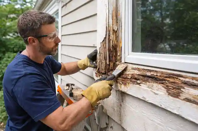 Licensed contractor repairing a rotten wooden window frame using wood filler during exterior home renovation