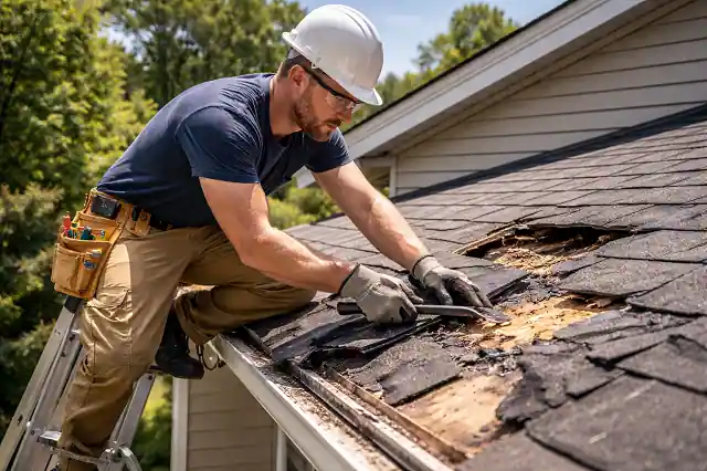 contractor repairing damaged roof of residential home during emergency repair