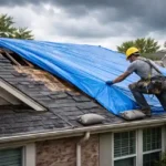 Roofing contractor installing emergency tarp on storm-damaged roof