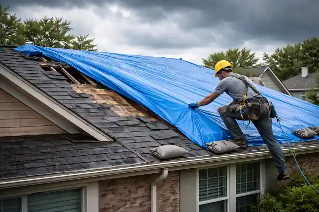 Roofing contractor installing emergency tarp on storm-damaged roof
