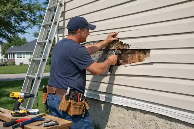 Free Grants For Exterior Home Improvements For Low-Income Homeowners 2 Contractor repairing damaged house siding during exterior home improvement project