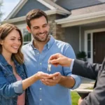 first-time home buyers receiving keys after purchasing their first house with financial assistance