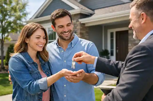 first-time home buyers receiving keys after purchasing their first house with financial assistance