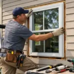 Contractor installing energy efficient window through nonprofit window replacement assistance program