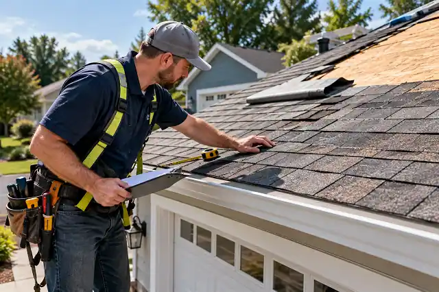 Contractor inspecting a garage roof before replacement estimate