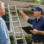 Homeowner discussing roof repair needs with licensed contractor during home repair inspection outside residential house.