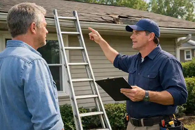Homeowner discussing roof repair needs with licensed contractor during home repair inspection outside residential house.