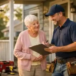 senior homeowner discussing home improvement grant project with contractor