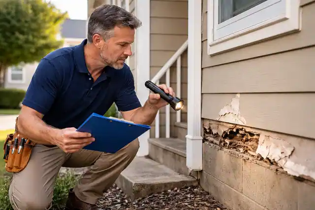 inspector examining hoome repair issues on residential property
