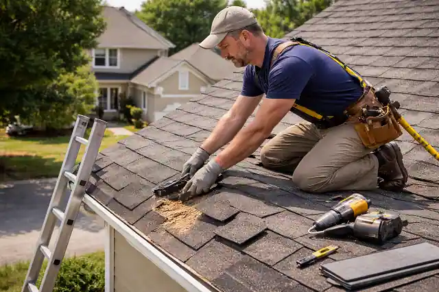 contractor repairing damaged roof shingles on residential home roof