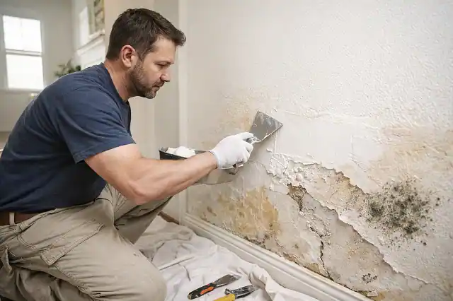 contractor repairing water damaged interior drywall panels with joint compound