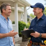 homeowner discussing home repair grants with contractor outside house