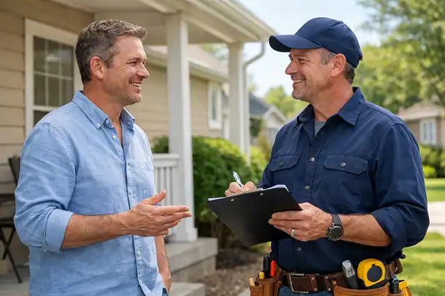 Nonprofit Home Repair Grants 2026-Get Free Help Near You 2 homeowner discussing home repair grants with contractor outside house