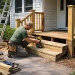 Contractor repairing wooden porch steps and railing on residential home