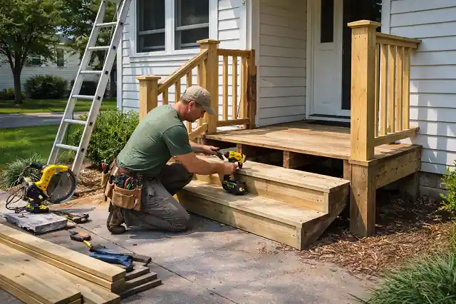 Free Grants For Exterior Home Improvements For Low-Income Homeowners 3 Contractor repairing wooden porch steps and railing on residential home