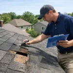 home inspector checking roof condition during housing repair inspection