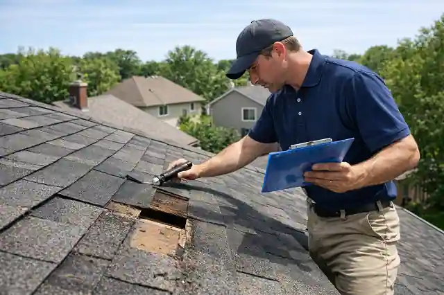 home inspector checking roof condition during housing repair inspection