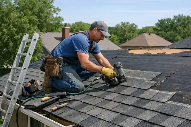 contractor installing asphalt shingles during residential roof replacement