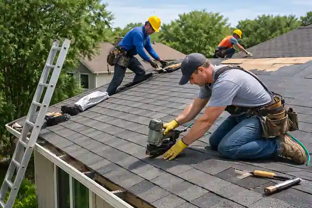 roofing contractors installing new shingles during residential roof replacement