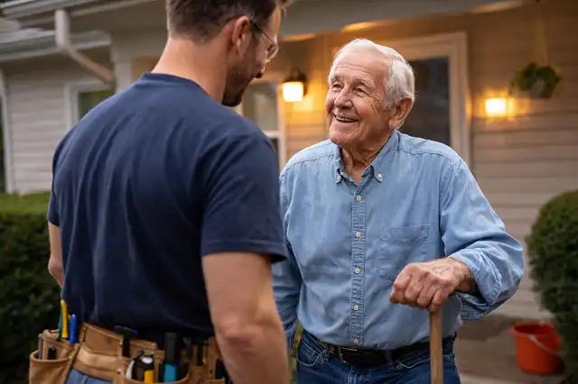 elderly homeowner receiving home repair help from contractor