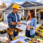 Homeowner discussing home repair assistance program with contractor outside house