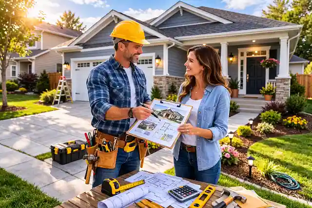 Homeowner discussing home repair assistance program with contractor outside house