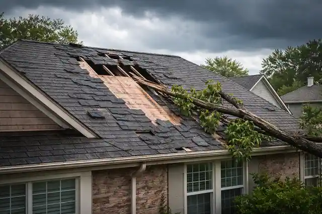 Storm-damaged roof with missing shingles and exposed decking after severe weather