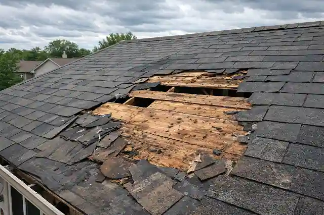 storm damaged roof with missing shingles and exposed roof decking