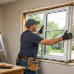 contractor installing energy efficient replacement window in residential home