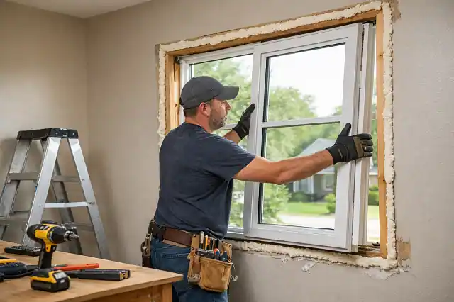 contractor installing energy efficient replacement window in residential home