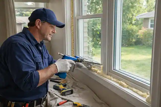 Licensed contractor installing an energy-efficient double-pane window with insulation foam in a residential home