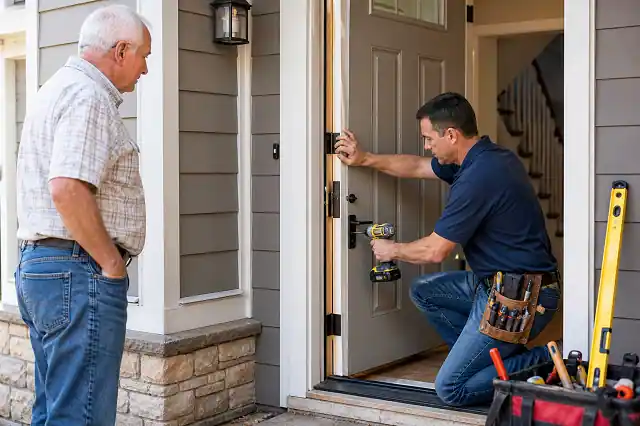 contractor installing a front door for senior homeowner door replacement process