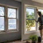 Before and after window replacement showing old broken windows and new energy efficient double glazed windows with sunlight