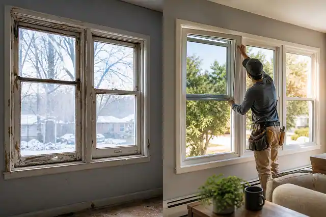 Before and after window replacement showing old broken windows and new energy efficient double glazed windows with sunlight