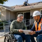 Disabled California homeowner using a wheelchair reviewing home repair grants paperwork with contractor outside house during roof repair inspection