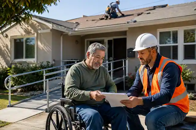 Disabled California homeowner using a wheelchair reviewing home repair grants paperwork with contractor outside house during roof repair inspection