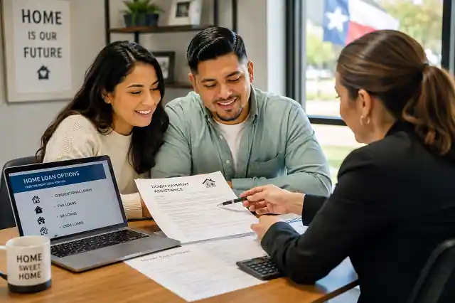 Texas couple meeting mortgage advisor to review home buyer grants and down payment assistance options for first-time homeownership